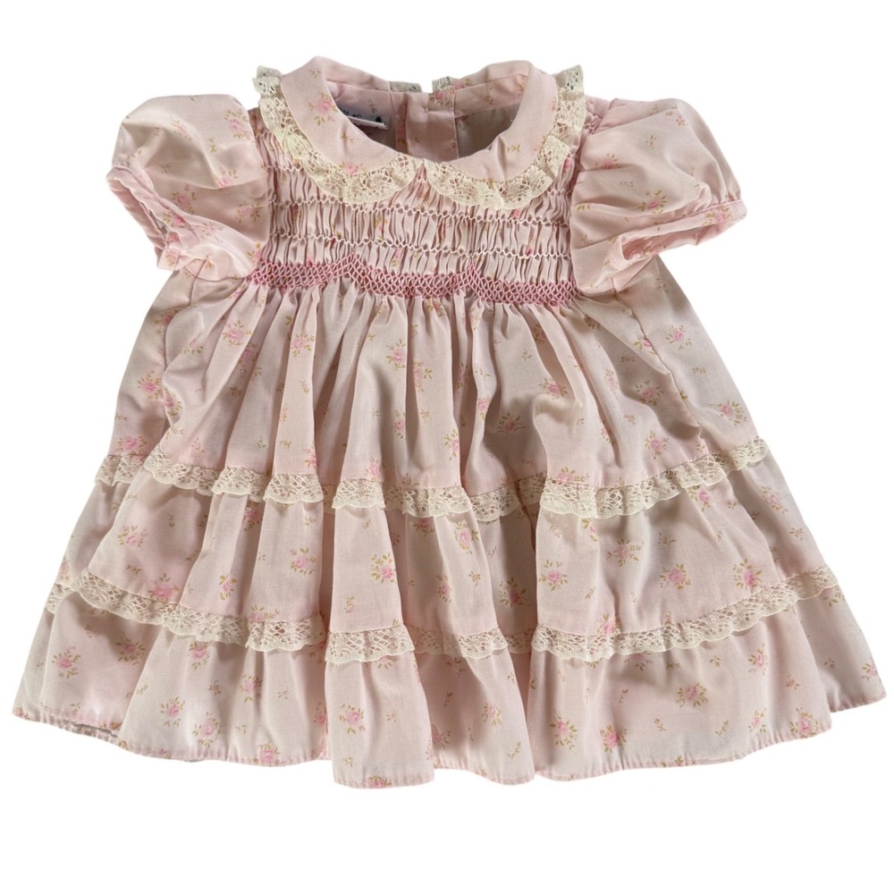 Vintage Polly Flinders Hand Smocked Dress Pink Floral Lace 0-3 Months